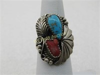 Vintage Sterling Southwestern Coral/Turquoise, Sz.
