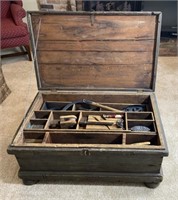 Antique Primitive Wooden Tool Chest with Contents