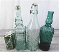 3 VINTAGE GREEN GLASS DECORATIVE BOTTLES