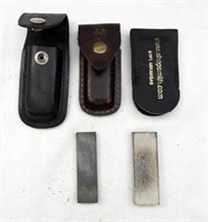 (3) Pocket Knife Leather Holders & (2) Whetstones