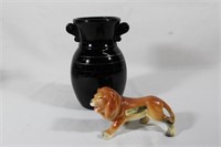 Black Amethyst Depression Glass vase, and Lion