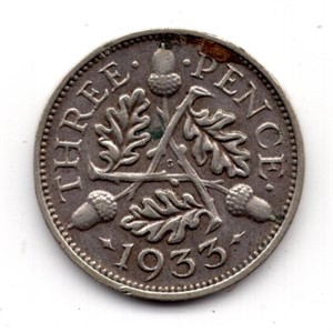 1933 Great Britain 3 Pence Silver Coin