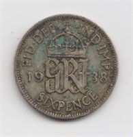 1938 Great Britain Sixpence Silver Coin