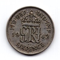 1942 Great Britain 6 Pence Silver Coin