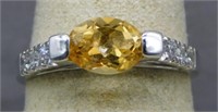 Sterling Silver citrine and CZ ring, size 8.