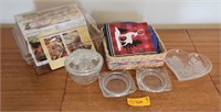 Recipe box, ashtrays, and napkins, glass tray