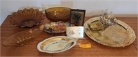 Amber glass candy dishes and serving platters.