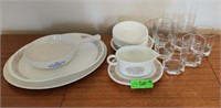 Pyrex and Corelle Dishes and drinking glasses.