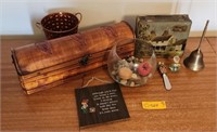 Wooden box, square tin, bell and more.