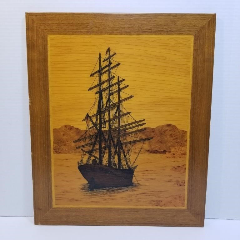 Handmade Inlaid Wood Ship Picture - 21" x 17"