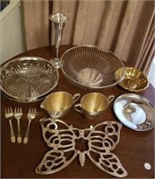 Silver plate cream and sugar,  vase, serving bowls