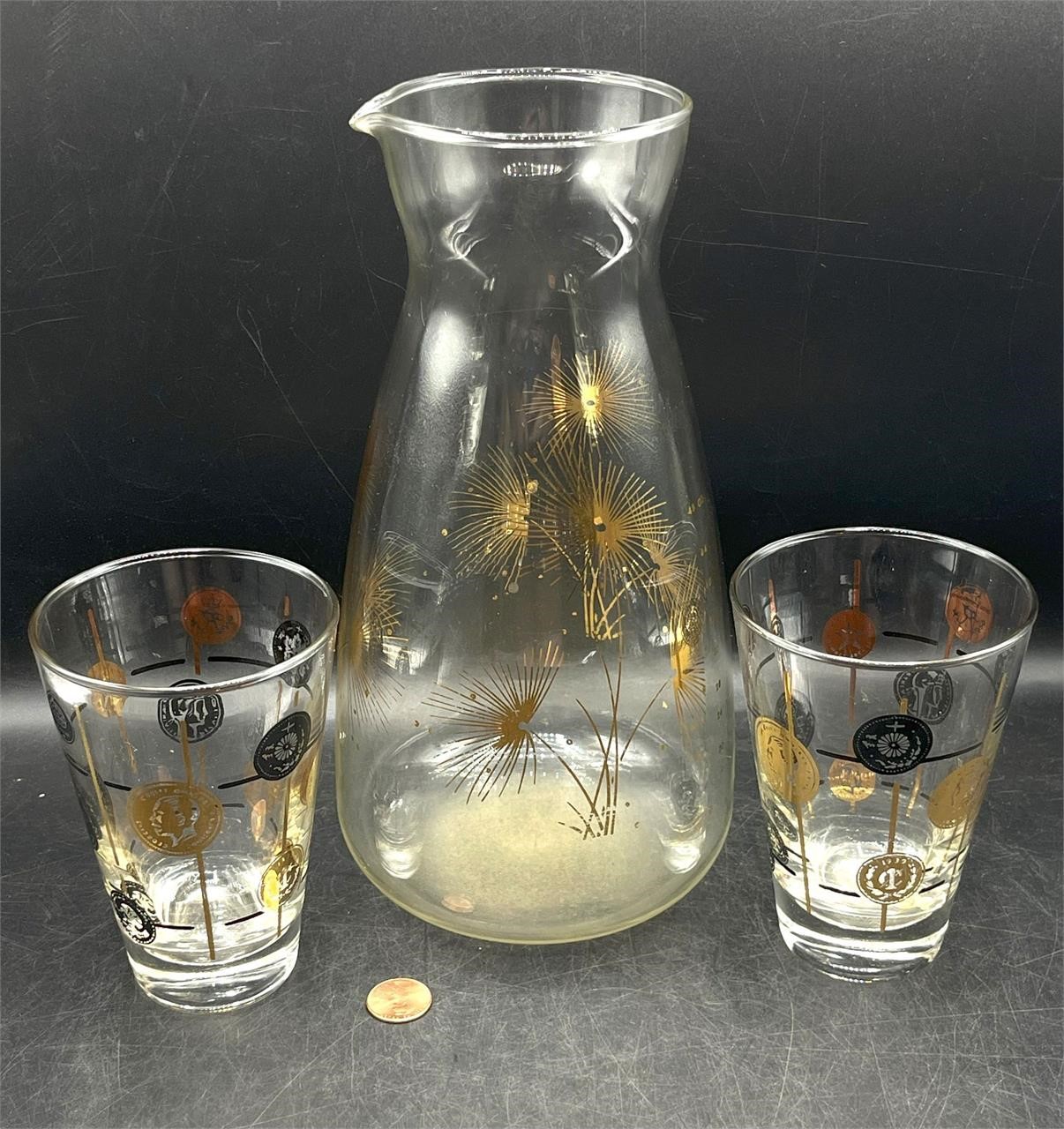 Mid-Cent Pyrex Carafe & Libbey Gold Coin Tumblers