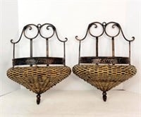 Pair of Rattan & Iron Wall Pockets Floral Hangers