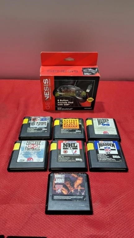 Nib sega controller and 7 game cartridges