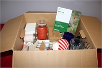 Box of Misc. Glassware, Windchimes, Candles, etc.