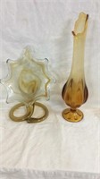 Tall amber vase and amber art glass