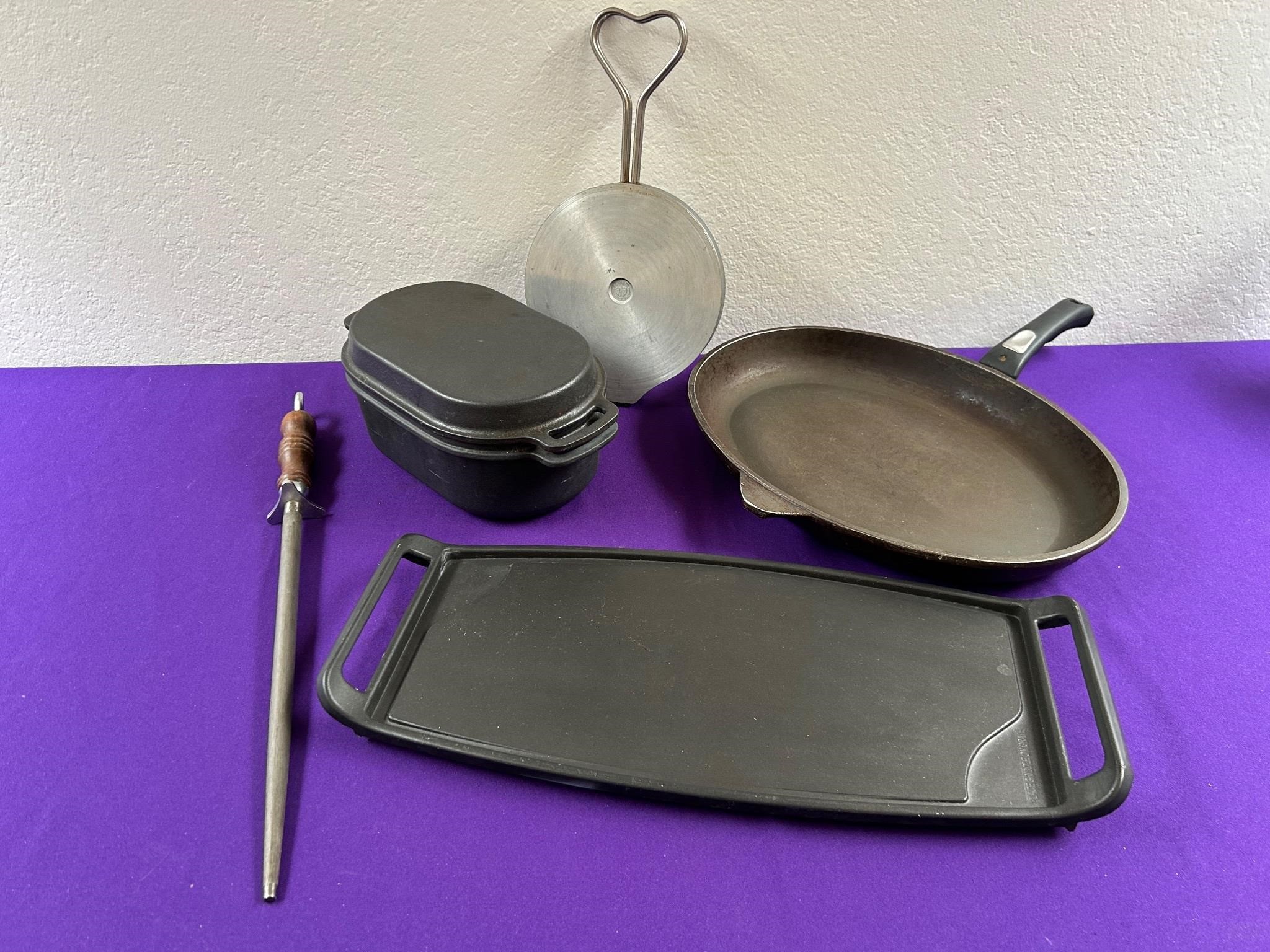 Vtg EVA Waffle Maker, Knife Sharpener, Cast Iron +