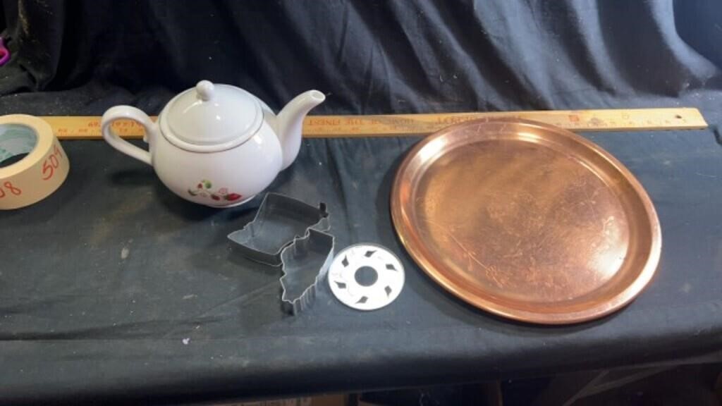 Tea pot, metal plate, cookie cutters