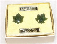 Vintage Carved Jade Leafe Pierced Earrings
