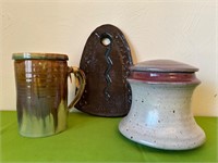 Signed Pottery Mug w Lid, Vase w Lid + Tray