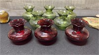 5 Vintage Green Ruffled Top Vases & 3 Red Ones