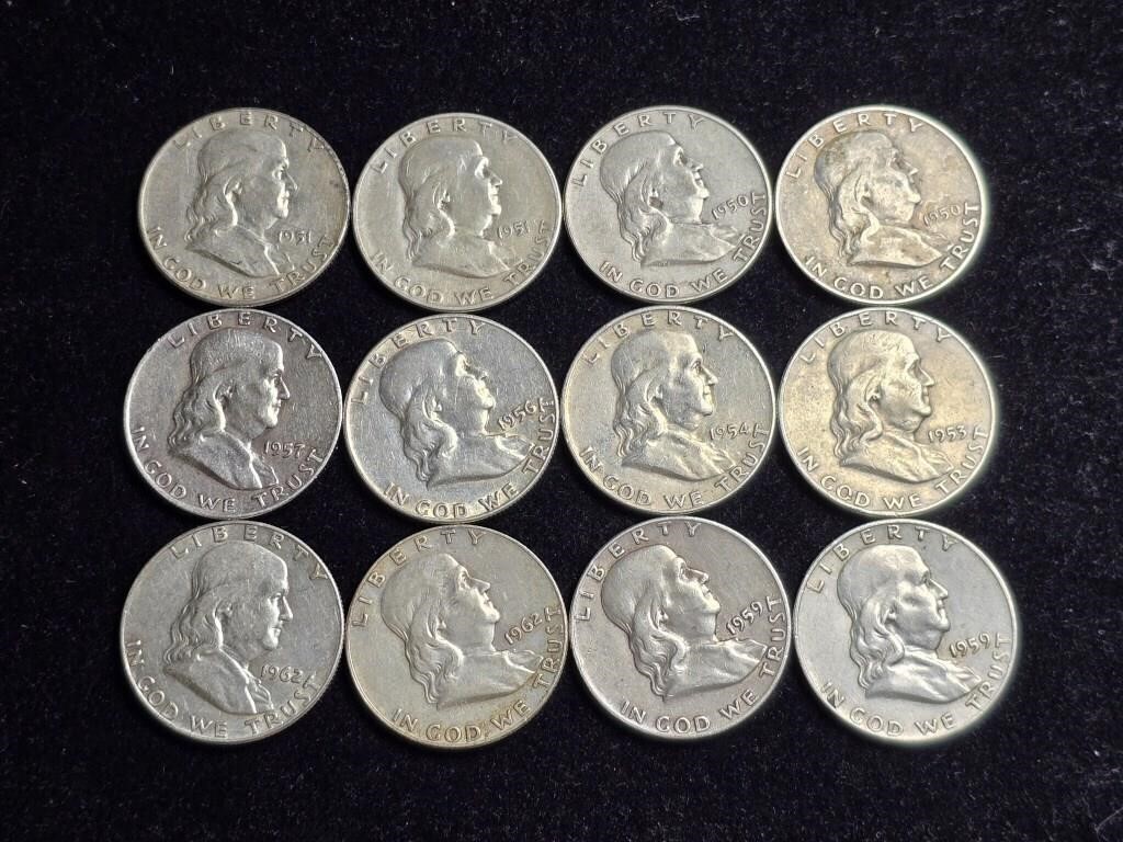 Various Dates Ben Franklin Half Dollars (12)