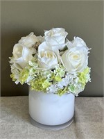 Dozen White Roses in White Vase Pot, Faux Deco
