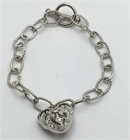 Sterling Bracelet W Heart Charm & Clear Stones