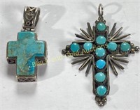 (2) Sterling Silver & Turquoise Cross Pendants