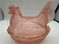 Pink glass hen on nest covered dish