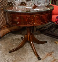 Glass top table w/ nice sized drawer & brass feet