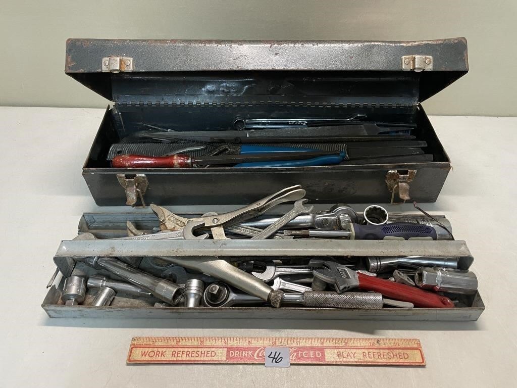 VINTAGE TOOL BOX WITH TOOLS SOCCET WRENCH MORE