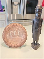 Egyptian Copper plate & African carved statue. Liv