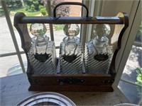 Wood Tantalus w/ 3 Crystal Decanters