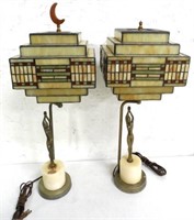 Pair of Lamps Nudes on Onyx Slag Shades