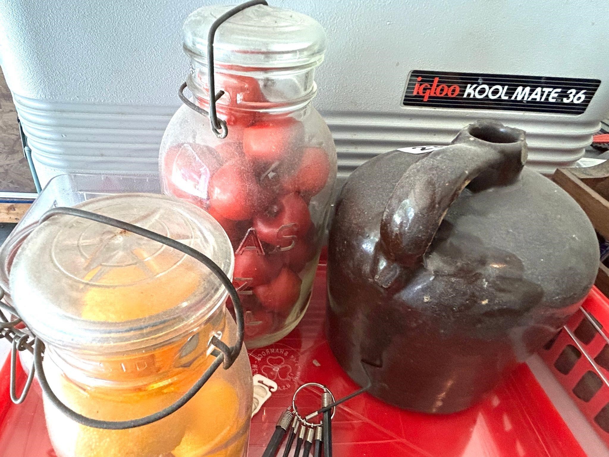 VTG JARS WITH LIDS, POTTERY JUG HAS DAMAGE