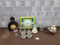 Metal clock, tea pot, crystal candle holder, etc