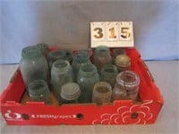 Lot of vintage clear and blue mason canning jars