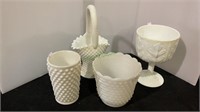 Milk glass, four piece lot - water goblet, flower