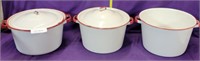 3 WHITE & RED ENAMEL POTS W/ 2 LIDS