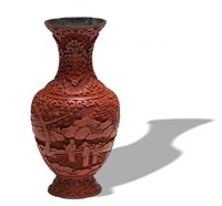 Chinese Cinnabar Landscape Vase, 19th C#