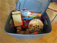 blue tote of old toys (with lid)