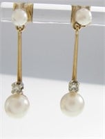 14K YG, Vintage, Pearl/Diamond Drop Earrings