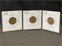 (3) 1909 VDB F-VF WHEAT CENTS