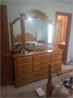 Long wood dresser with mirror. In great shape.