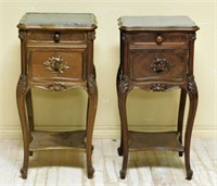 Louis XV Marble Top Walnut Side Cabinets.