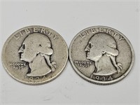 2- 1934 D Washington Silver Quarter Coins