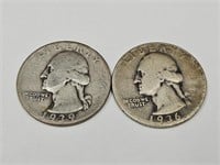 1939 S & 1936 S Washington Silver Qtr Coins
