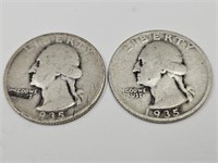 2- 1935 D Washington Silver Quarter Coins