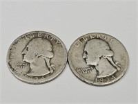 2 - 1934 D Washington Silver Quarter Coins